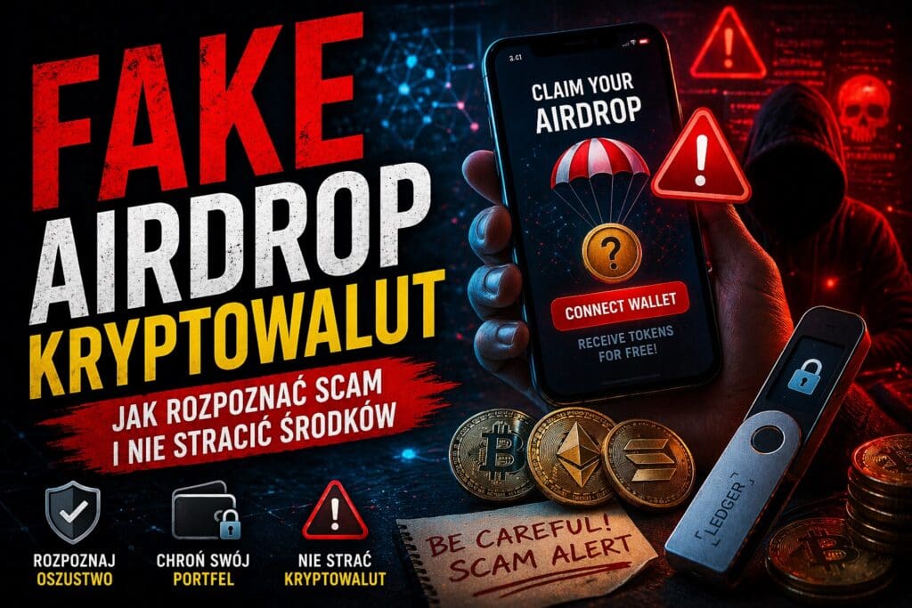 Fake airdrop kryptowalut – przykład oszustwa polegającego na fałszywym rozdaniu tokenów i wyłudzaniu dostępu do portfela