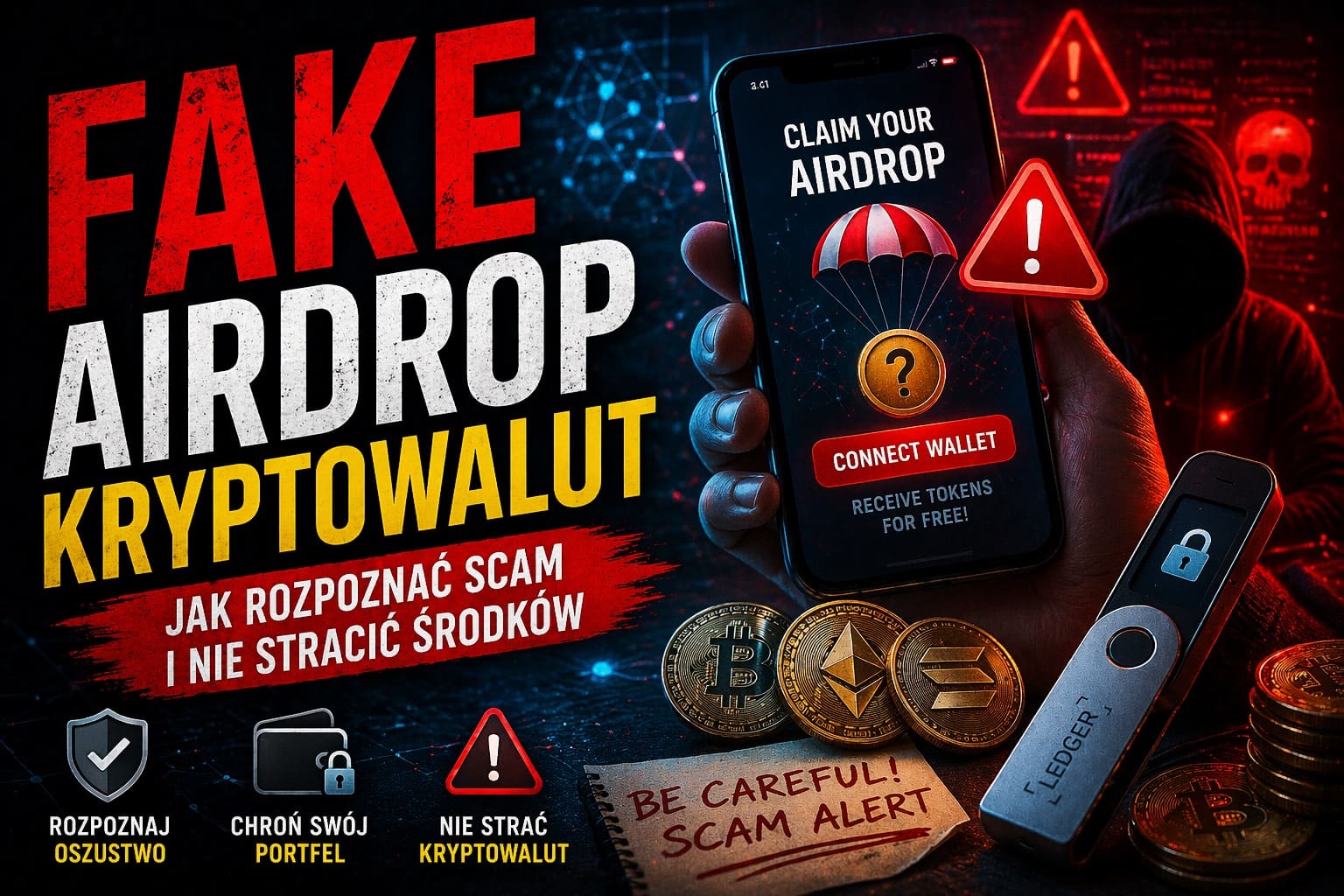 Fake airdrop kryptowalut – przykład oszustwa polegającego na fałszywym rozdaniu tokenów i wyłudzaniu dostępu do portfela