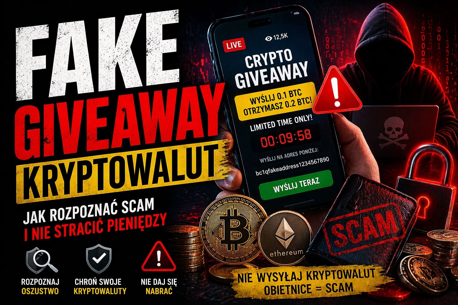 Fake giveaway kryptowalut – przykład oszustwa polegającego na obietnicy podwojenia kryptowalut po wysłaniu środków na adres scammera