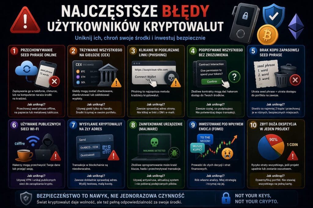 Najczęstsze błędy użytkowników kryptowalut – phishing, trzymanie krypto na giełdzie i brak kopii seed phrase