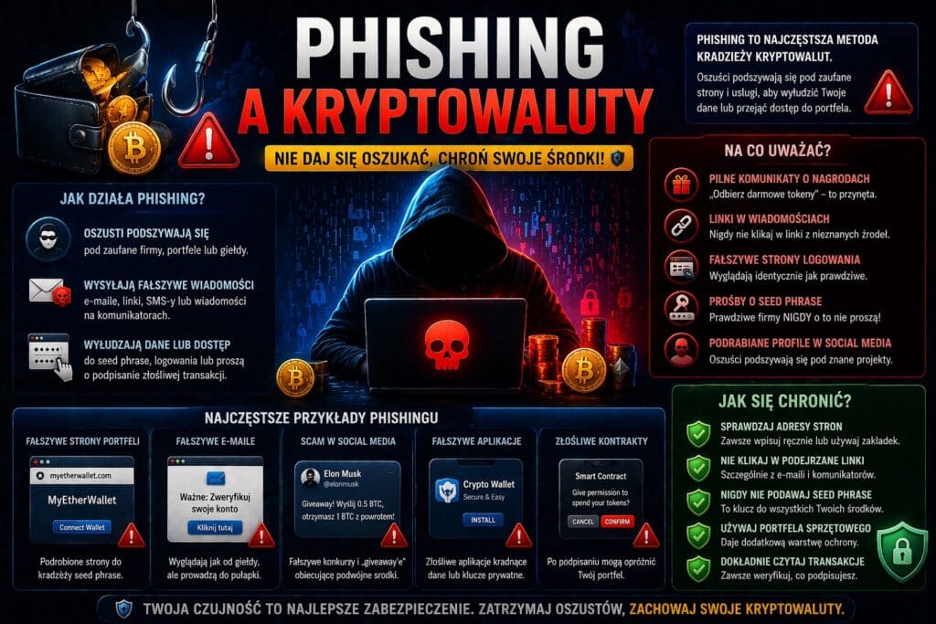 phishing kryptowaluty – przykłady oszustw takich jak fałszywe strony portfeli, scam linki i wyłudzanie seed phrase