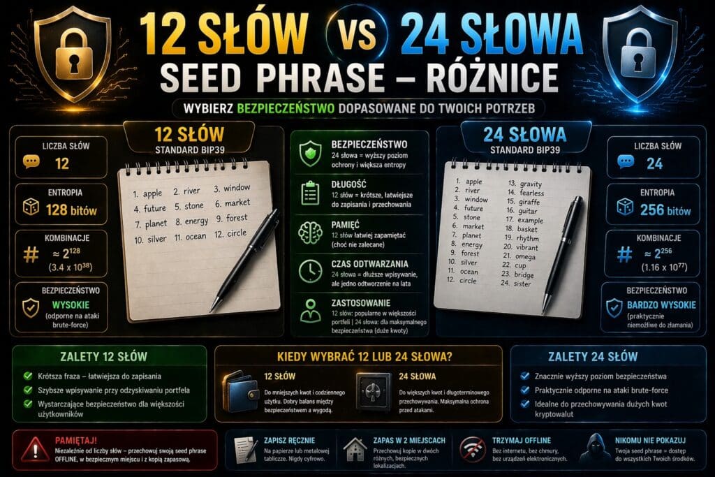 12 słów vs 24 słowa seed phrase – porównanie poziomu bezpieczeństwa oraz entropii w portfelach kryptowalut