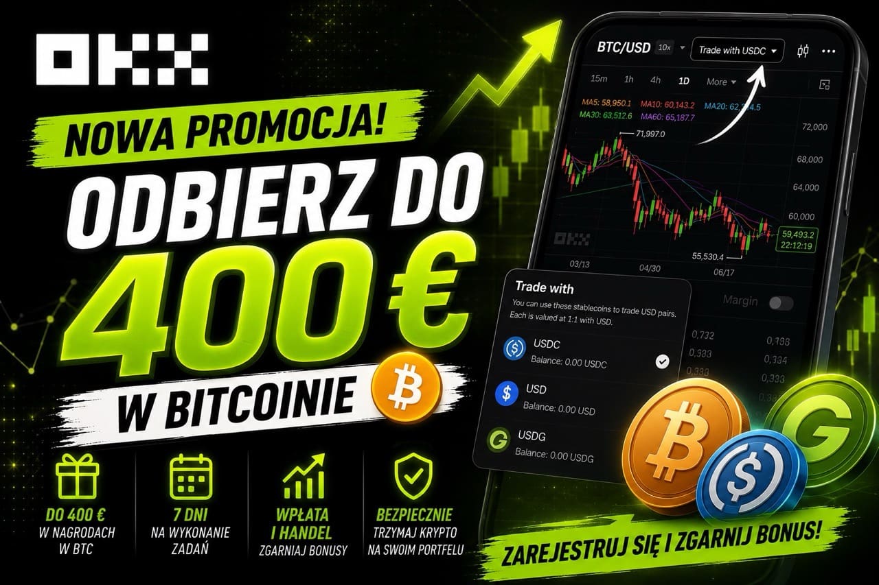 Promocja OKX 2026 do 400 euro w Bitcoinie za rejestrację, wpłatę i handel kryptowalutami krok po kroku.